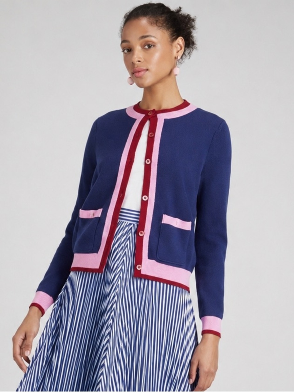 Kate Spade New York Colorblock Cashmere Cardigan in French Navy/Pink Burgundy